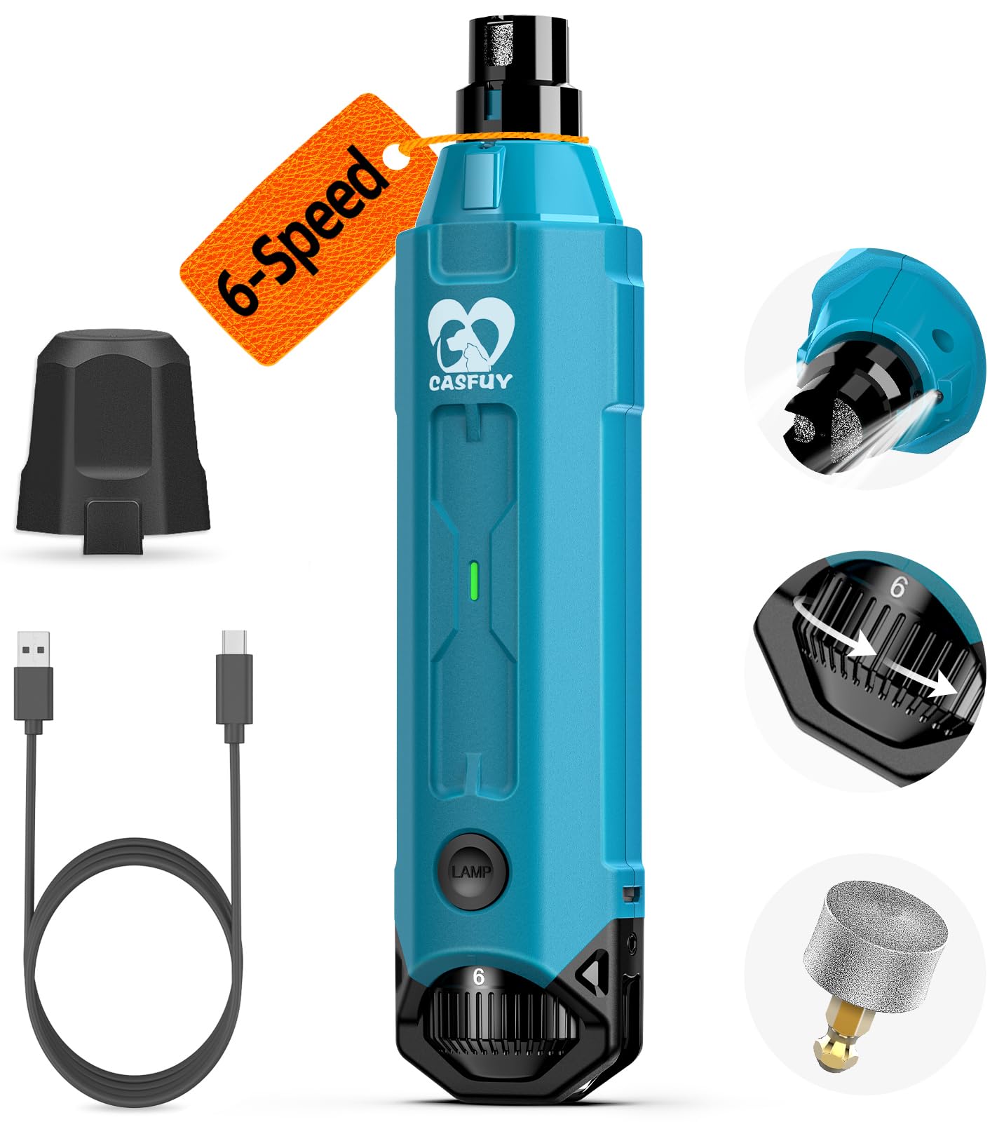 Casfuy 6-Speed Dog Nail Grinder - Newest Enhanced Pet Nail Grinder Super Quiet R
