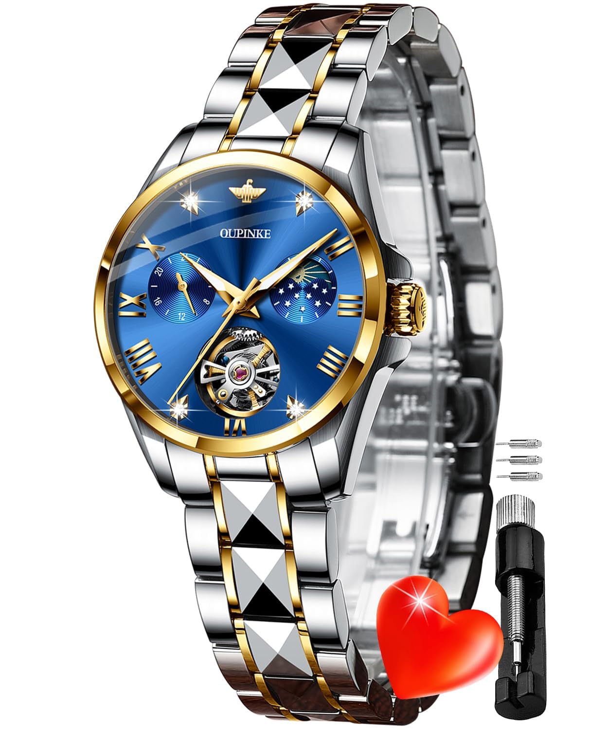 OLEVS Ladies Luxury Luxury Rose Gold Diamond Bling Watch Set Wrist Watch Necklac