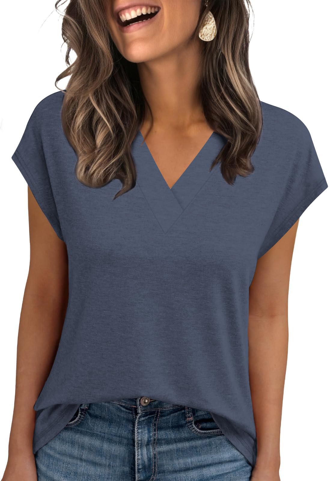 Womens Summer Tops Casual Spring V Neck T Shirts Cap Sleeve Basic Trendy Blouses