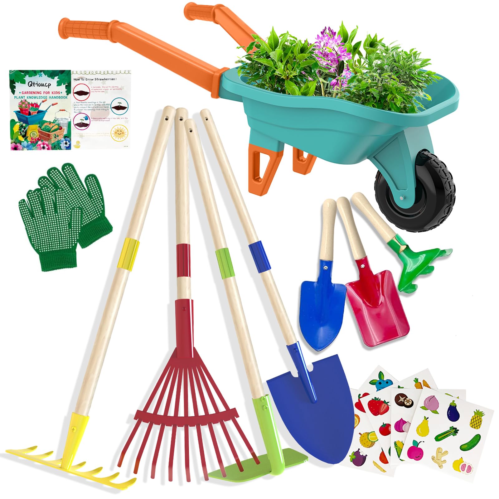 Qtioucp Kids Gardening Set with Wheelbarrow, Real Metal Garden Tools for Kids Ag