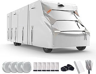 FRUNO Oxford Fabric Class C RV Cover Fits 23'-26' Waterproof Rip-Resistant Anti-UV Motorhome Camper Cover for Winter Snow with Jack Cover 4 Tire Covers and Gutter Covers