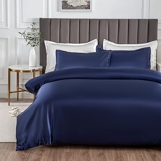 Morbuy Satin Duvet Cover Set King - Silky Bedding Set for Hair and Skin Care, Luxury Silk Feel Aesthetic Navy Blue Bedding with 2 Pillowcases, Durable 105GSM High-Density Fabric, 220x230cm