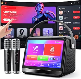 Karaoke Machine with Lyrics Display,7-Inch HD Screen&2 Wireless Microphones | WiFi 6 & Bluetooth5.3,60W Speaker Output,5 Voice Effects,TF/USB/AUX,for Kids and Adults,Home Party Family Birthday Gifts