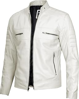 fjackets Cafe Racer Leather Jacket Men - Real Lambskin Moto Style, Stand Collar Zip-Up Leather Jacket for Men