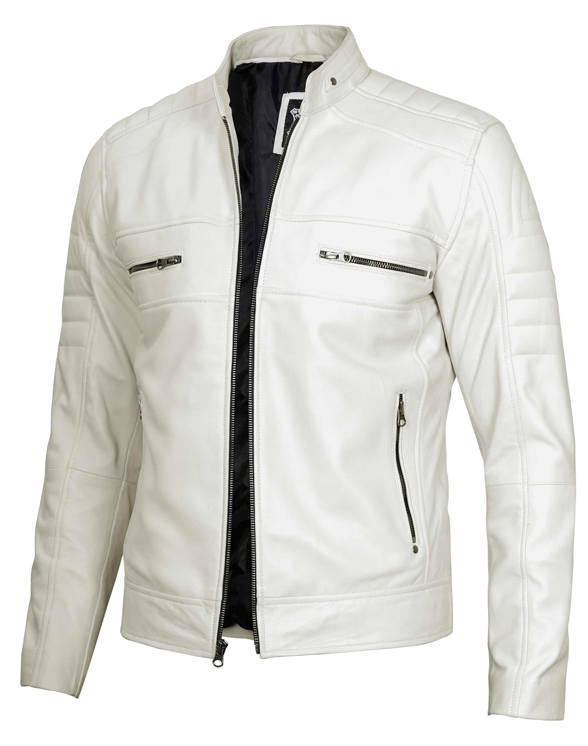 fjackets Cafe Racer Leather Jacket Men - Real Lambskin Moto Style, Stand Collar 