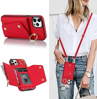 Lipvina iPhone 14 Pro Case with Strap for Women, Lanyard and Bracelet, Zipper Pocket, Credit Card Holder, Ring Holder, RFID Blocking (6.1 Inch, Red)