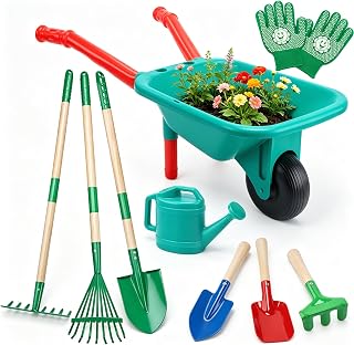 CUTE STONE Kids Gardening Set with Wheelbarrow, Kids Shovel and Rake Set | Dual-length Gardening Tools( Wood Handles & Metal Heads), Watering Can, Gloves for Backyard Outdoor Summer Play