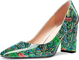 NobleOnly Women's High Chunky Block Heel Square Closed Toe Cap Slip-on Pumps Classic Cute Dress Shoes
