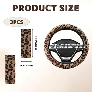 Leopard Print Car Accessories, 1PCS Fasion Leopard Print Steering Wheel Cover and 2PCS Cheetah Print Shoulder Pads Set, Anti-Slip Fluffy Steering Wheel Cover for Winter Driving