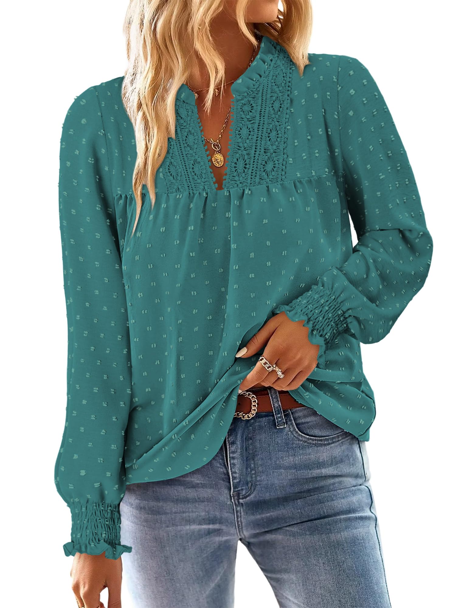 BETTE BOUTIK Women Boho Long Sleeve Shirts Dressy Casual V Neck Fall Fashion Top