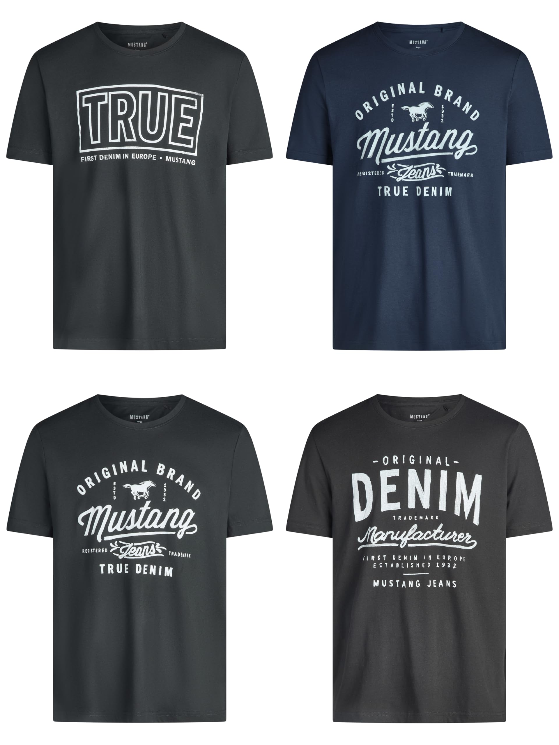 Mustang - Set of 4 Men's T-shirts with front print and round neck, blue and blac