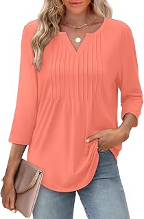 Women 3/4 Sleeve Tops 2026 V Neck Summer Casual Pleated Shirt Blouse Beach Vacation Spring Clothes