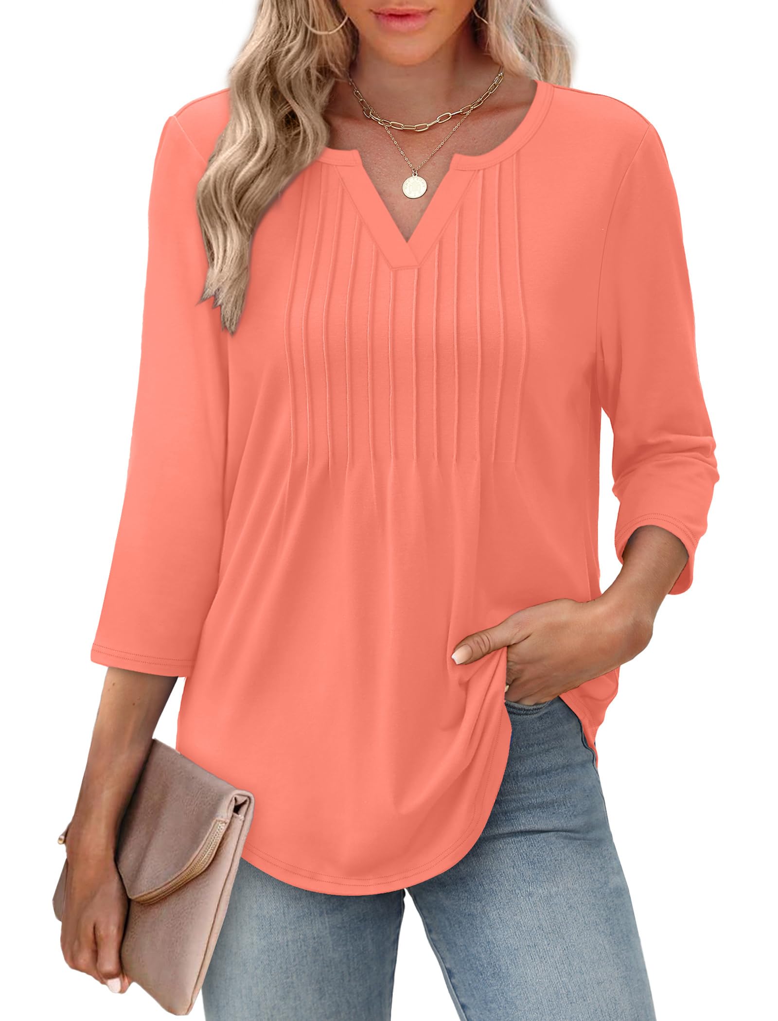 Women 3/4 Sleeve Tops 2026 V Neck Summer Casual Pleated Shirt Blouse Beach Vacat
