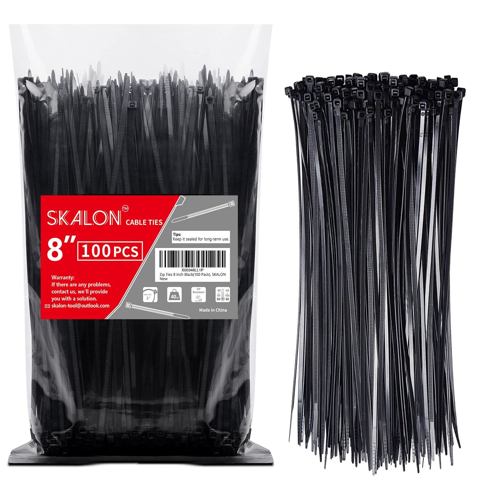 Zip Ties 8 inch (100 Pack), 40lbs Tensile Strength, Black Cable Ties, Wire Ties 
