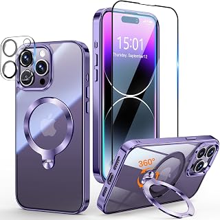[Tri-Shield Protection] for iPhone 14 Pro Max Case with 360° Spin Stand Compatible with MagSafe [Magnetic CD Ring][Screen & Camera Lens Protector]Shockproof Plating Never-Yellowing, Purple-6.7"