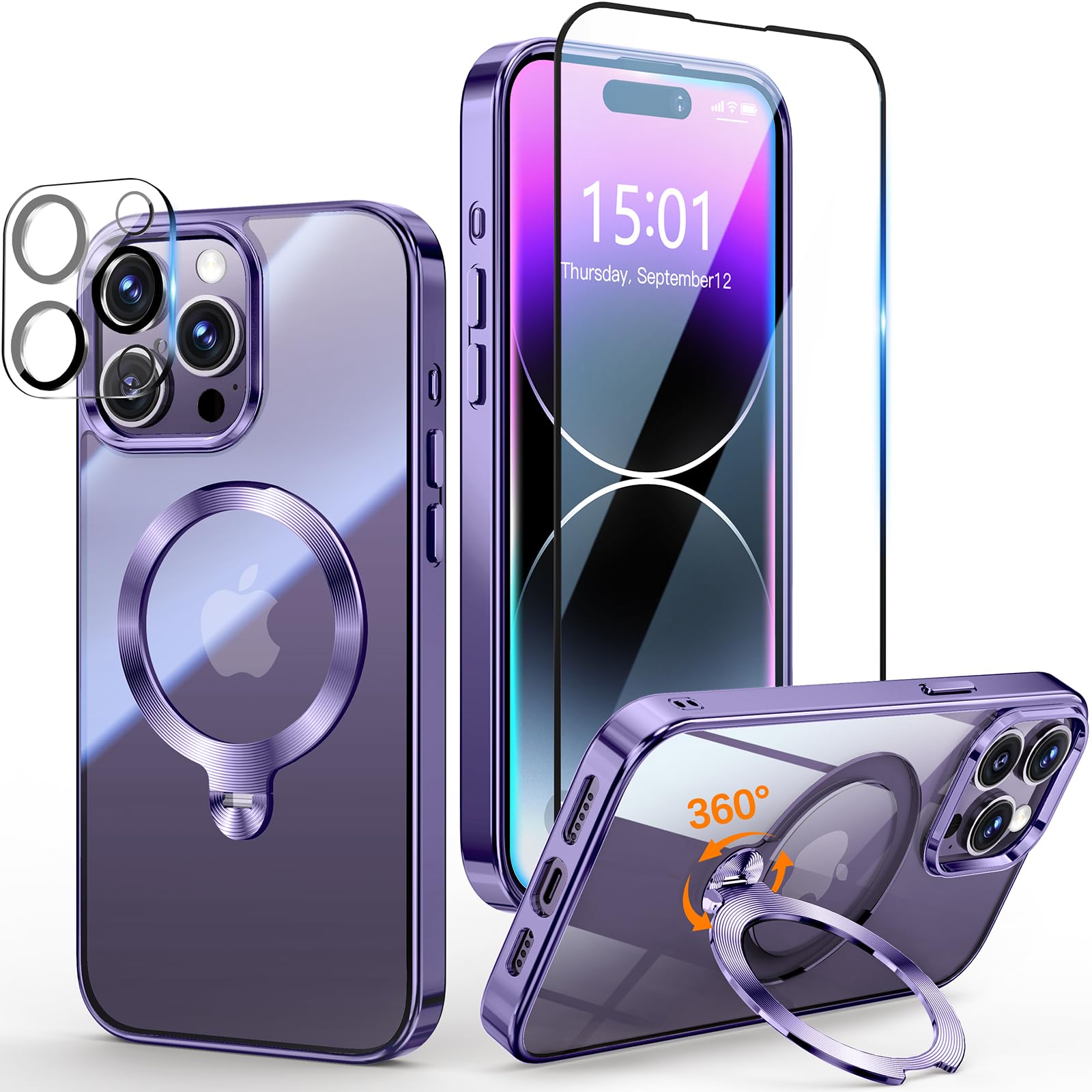 [Tri-Shield Protection] for iPhone 14 Pro Max Case with 360° Spin Stand Compatib
