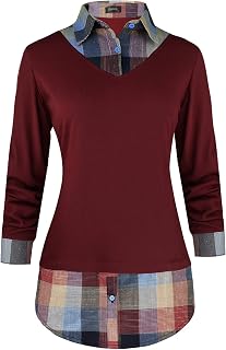 Oyamiki Women's Classic Collar Curved Hem 2 in 1 Knit Pullover Plaid Contrast T-Shirt Top