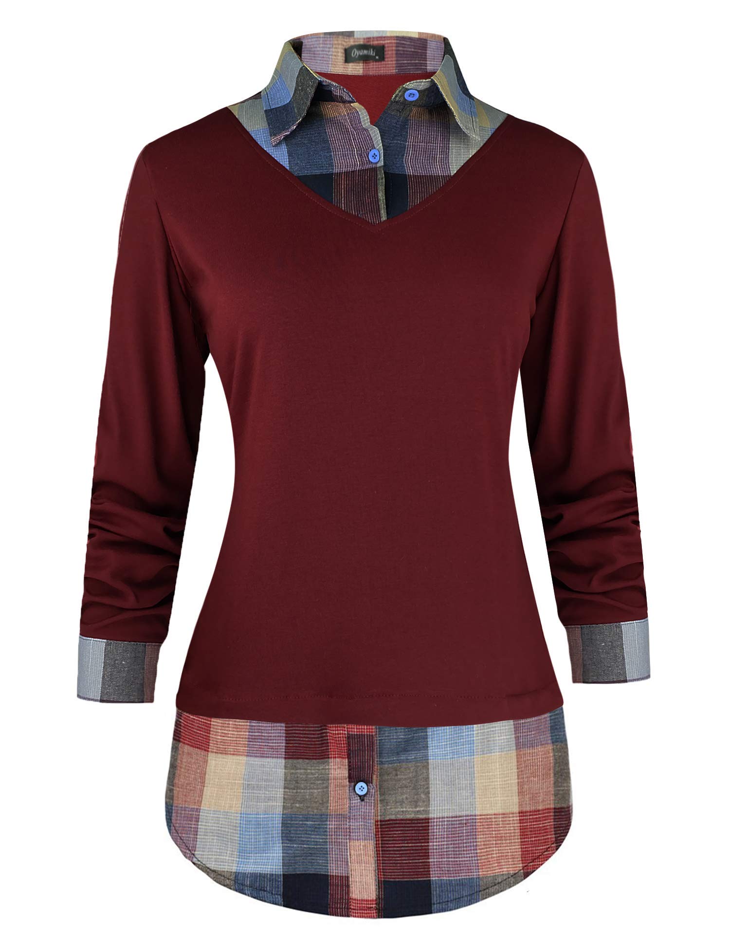 Oyamiki Women's Classic Collar Curved Hem 2 in 1 Knit Pullover Plaid Contrast T-