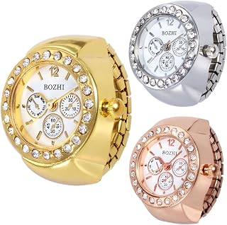 CdyBox Women Elegant Finger Watch with Diamonds Round Quartz Analog Ring Watch for Men 3 Pack