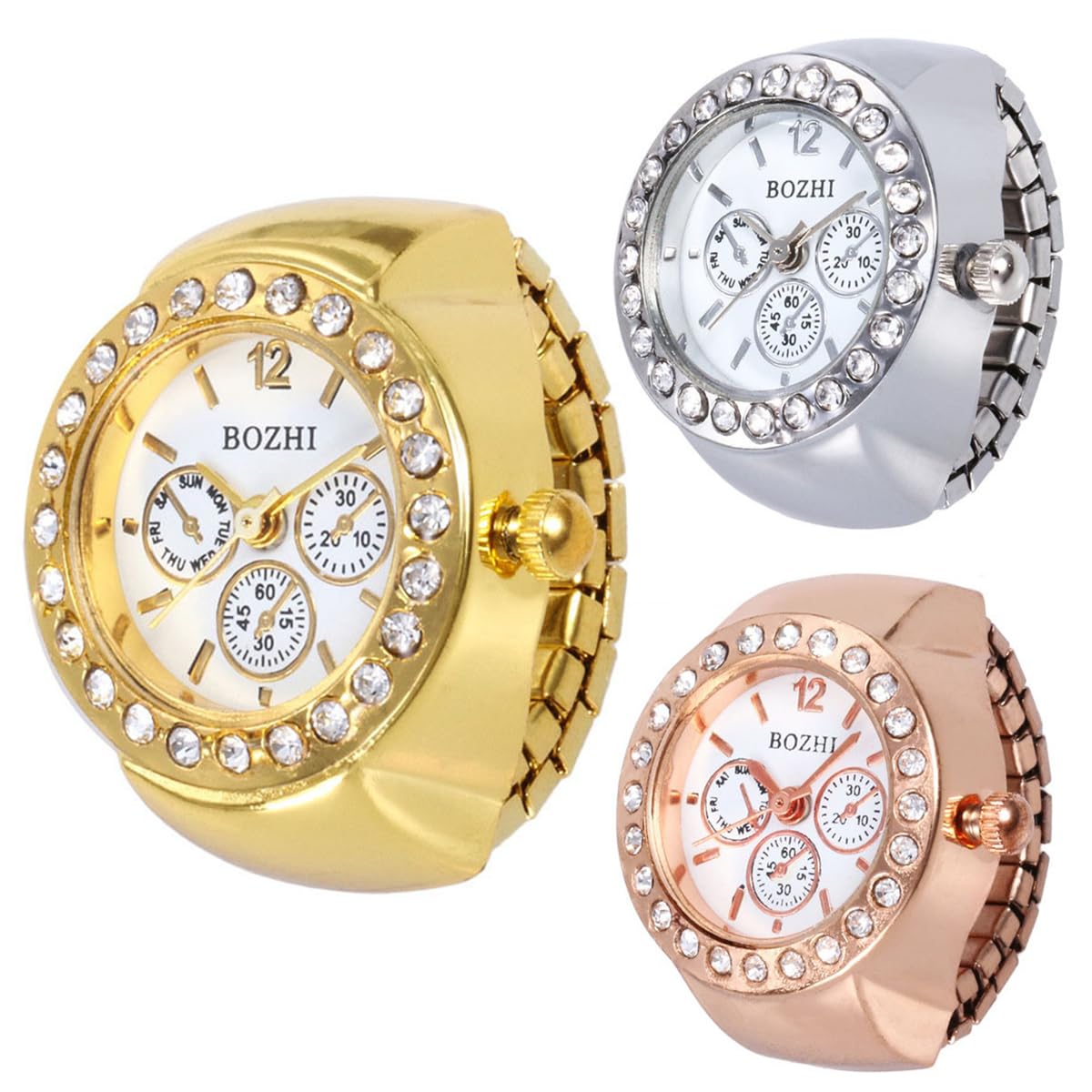 CdyBox Women Elegant Finger Watch with Diamonds Round Quartz Analog Ring Watch f