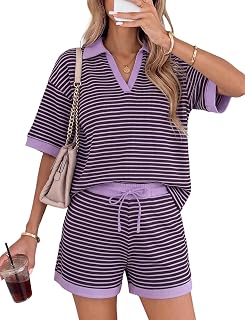 Women's 2 Piece Short Sets Striped Waffle Knit Lounge Matching Outfits