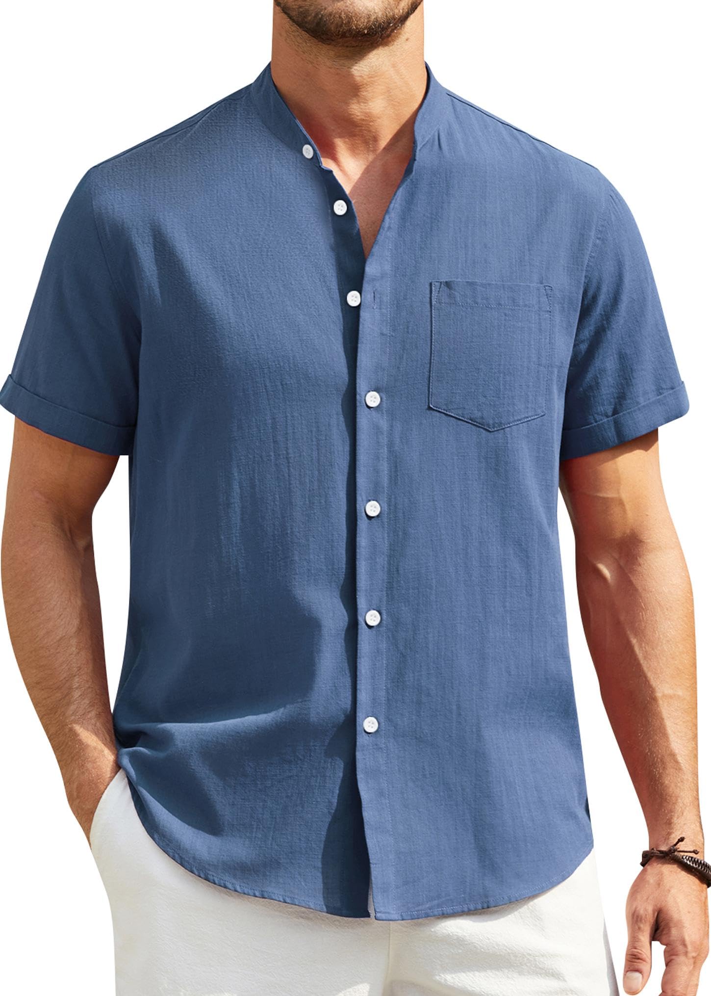Enlision Linen Shirt Short Sleeve Shirt Men Casual Collarless Summer Henley Shir