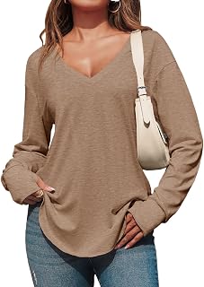 Tankaneo Maglietta da donna con scollo a V profondo, a maniche lunghe, oversize, casual, vestibilità larga, orlo curvo