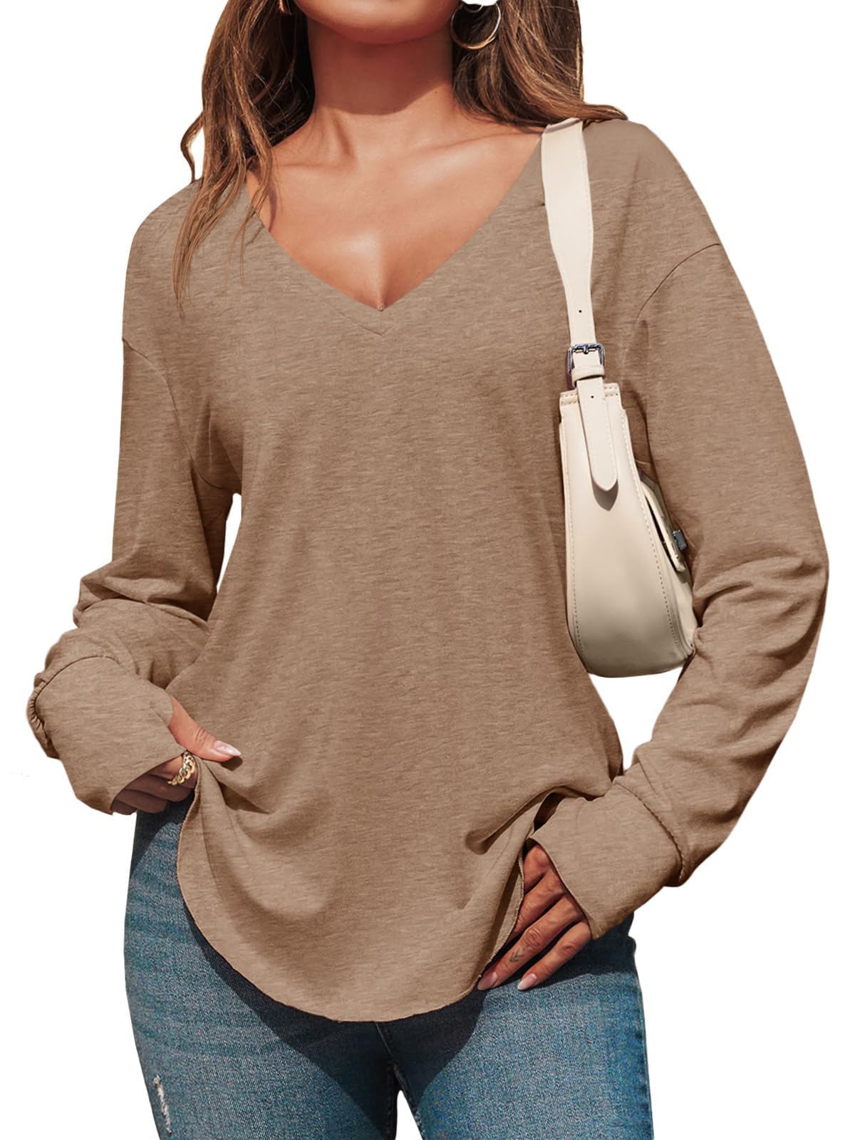 Tankaneo Maglietta da donna con scollo a V profondo, a maniche lunghe, oversize,