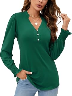 Rapbin Women V Neck Blouses Long Sleeve Button Down Long Sleeve Blouses Autumn Tops 2025 Ruffle Cuffs Elegant Casual T Shirts