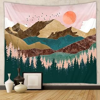 Foggy Forest Tapestry - Watercolor Pine Landscape with Birds Natural Wall Decor for Bedroom Aesthetic Living Room Dorm Decor (152x100cm)