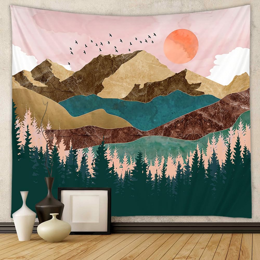 Foggy Forest Tapestry - Watercolor Pine Landscape with Birds Natural Wall Decor 
