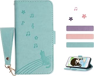 iPhone SE2 (2nd Generation) Folio Case, iPhone SE3 Case, Notebook Type, iPhone 8/iPhone 7 Case, MUOUID Cover, Suede Style, Cute, Stylish, Popular, Cat, Side Magnet, Hand Strap, Card Pocket, Stand Function, Wallet Type, Green