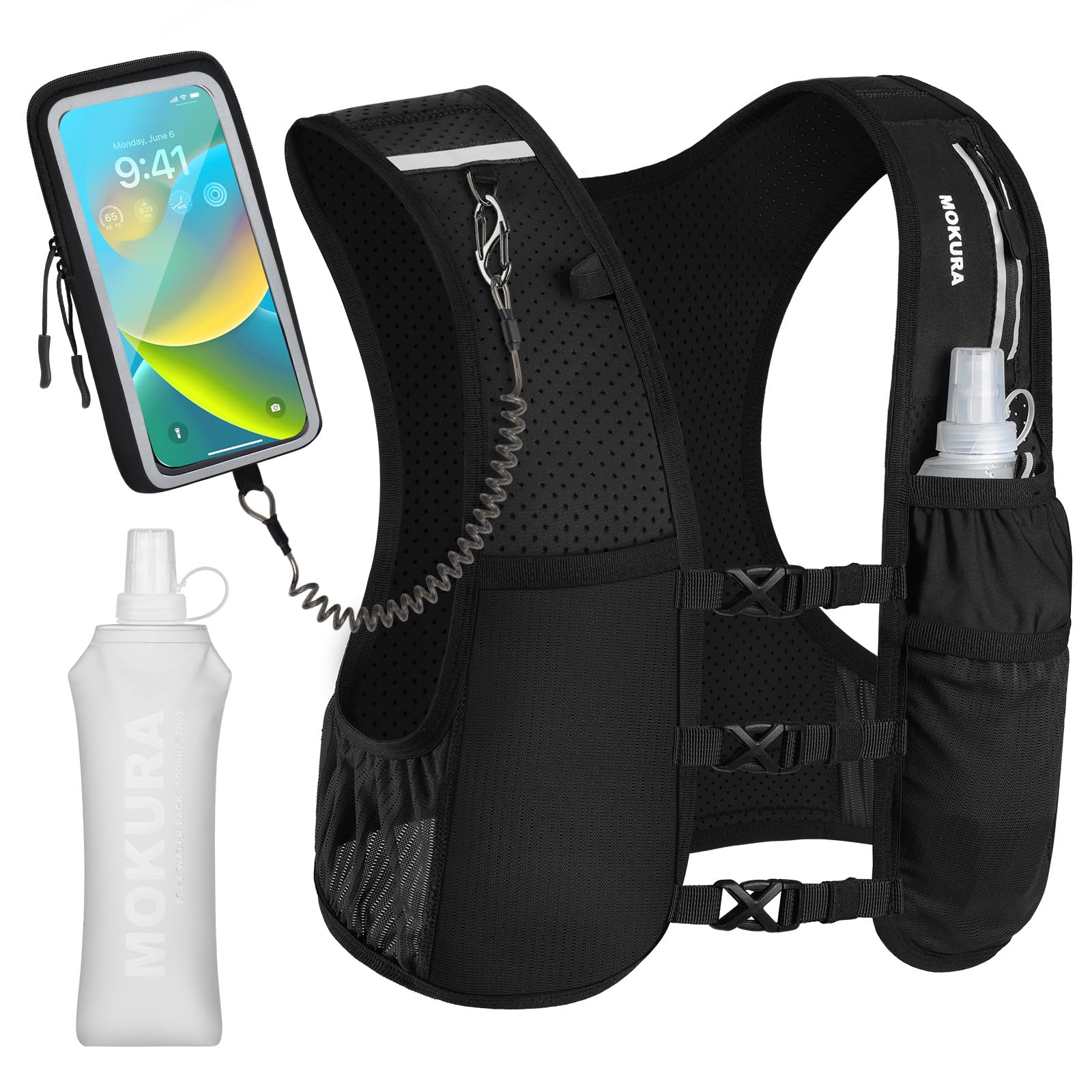 MOKURA Running Vest for Women Men with 500ML Soft Flask & Phone Holder | Lightwe