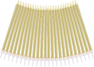 URAQT Metallic Birthday Candles, Champagne Gold, 5.1 Inch, 24 Pack | Paraffin wax, detachable plastic holders, smokeless, unscented, taper style, 12.9 cm length