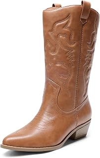 DREAM PAIRS Women's Western Boots Cowboy Mid Calf Slip On Cowgirl Style Boots