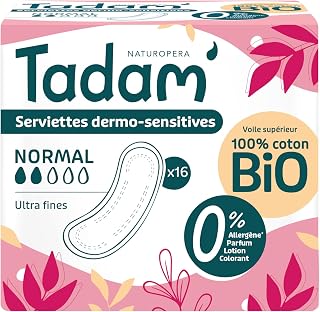 TADAM Dermo-Sensitive Sanitary Towels - Women's Ultra Thin Sanitary Pads with Wings - Normal Flow - Extra Absorbent - Made from Organic Cotton - Day and Night Comfort