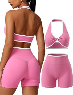 Women's Halterneck Crop Top & High Waist Biker Shorts 2 Piece Workout Set