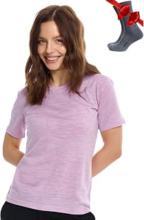 Merino.tech Women's Merino Wool Thermal Short Sleeve T-Shirt + Socks, Lilac Heather