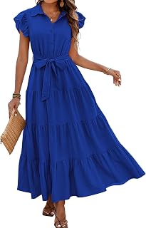 dowerme Women Ruffle Sleeve Button Belted Boho Maxi Dress