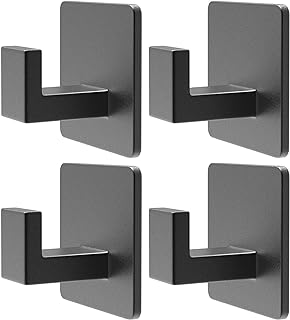 PMMASTO Self-Adhesive Aluminum Wall Hooks, Black- 4 Pack | Aluminum Self-Adhesive Hooks Organize Towels Robes Coats in Bathrooms Kitchens Bedrooms