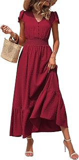 PRETTYGARDEN Women's Bohemian Short Sleeve V Neck Swiss Dot Ruffle Midi Dress Ruched Cocktail Maxi Dress