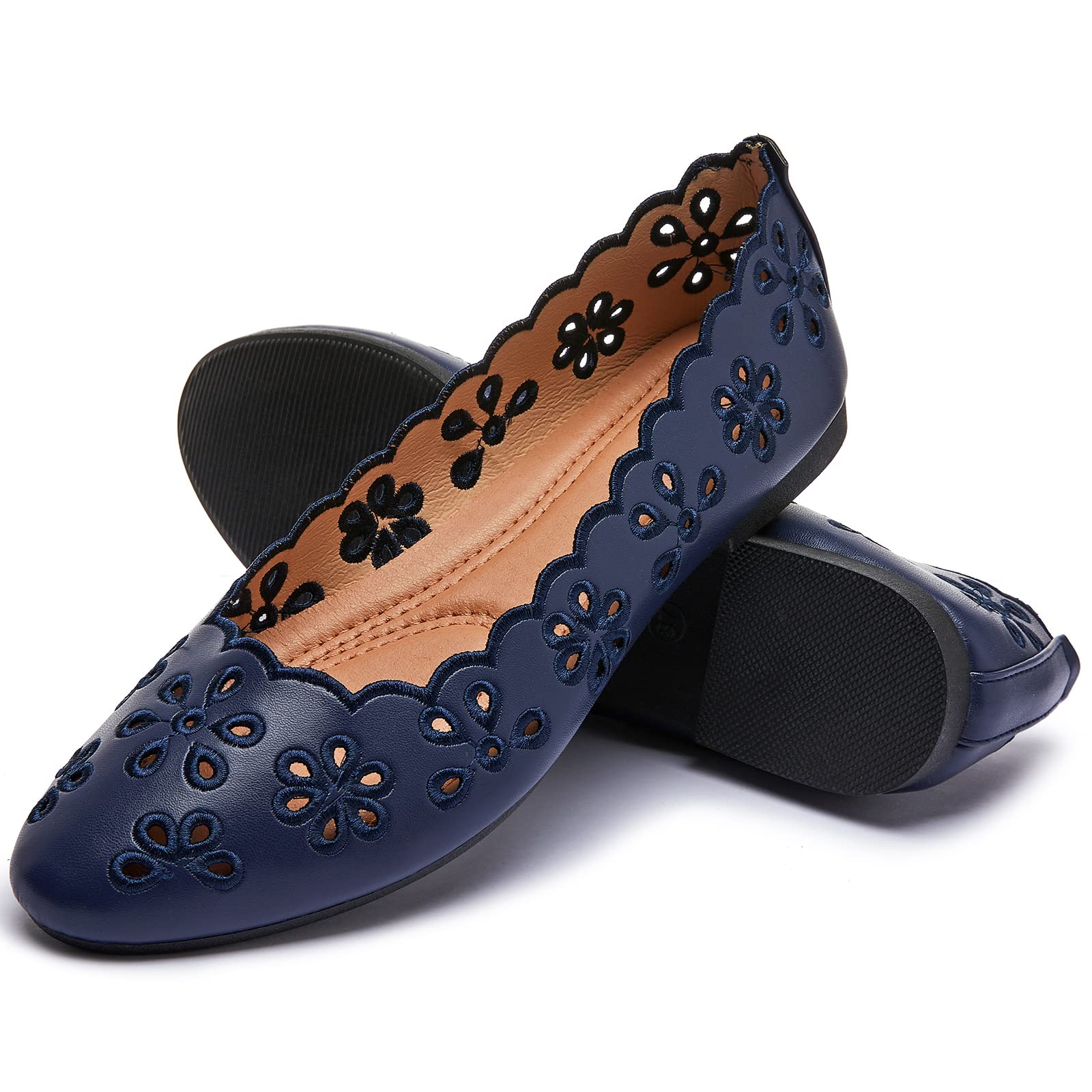 FRACORA Women's Ballet Flats Black PU Leather Dress Shoes Comfortable Round Toe 