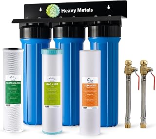 iSpring WGB32B-KS+AHPF12MNPT16X2 3-Stage Whole House Water Filter, Reduces Heavy Metals, Hydrogen Sulfide, Chlorine, Chloramine, Sediments w/ 3/4'' Push-Fit Braided Stainless Steel Hose Connectors