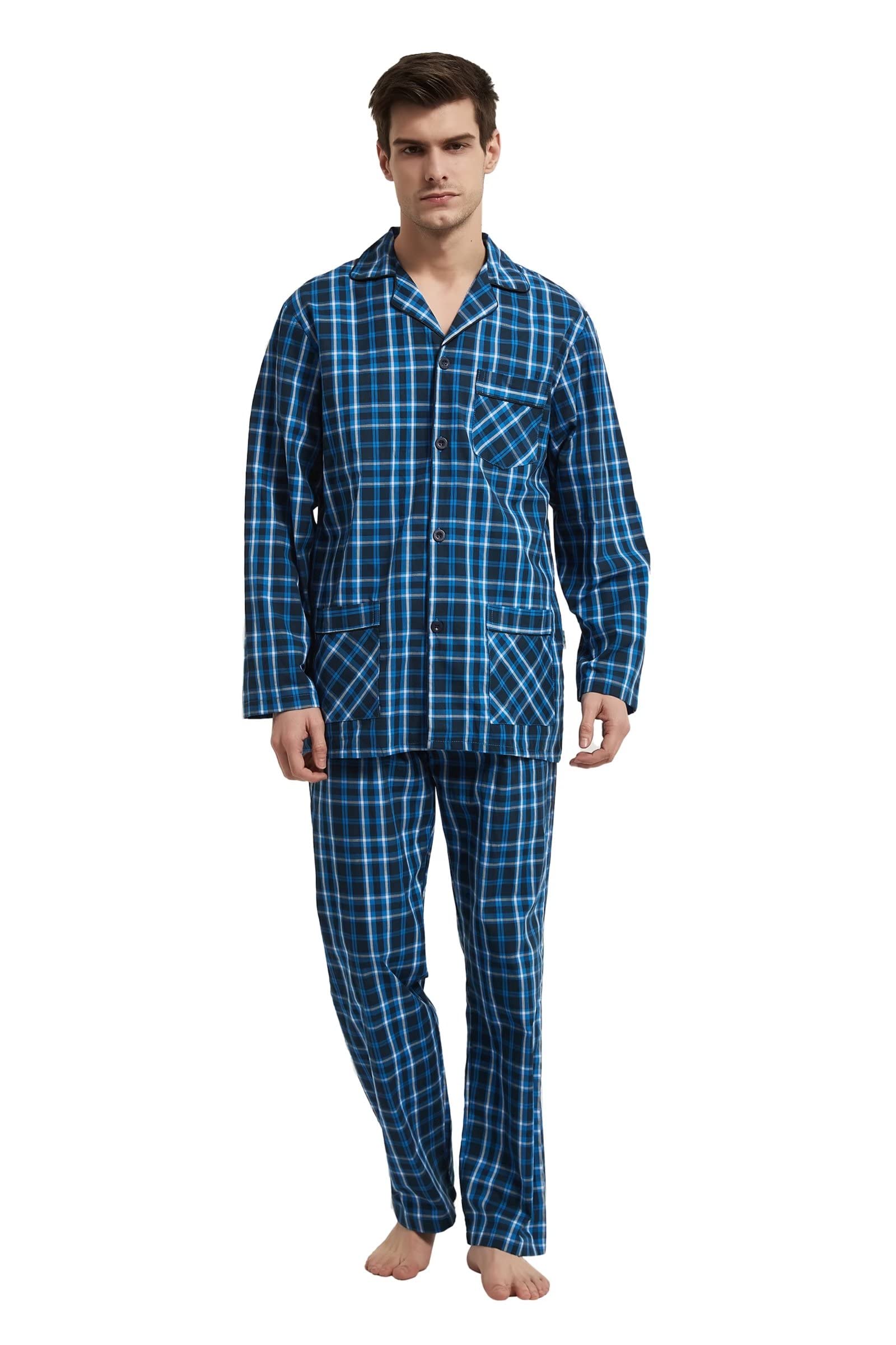 GLOBAL Men's Long Sleeve Pyjamas 100% Cotton Pyjama Set with Pockets