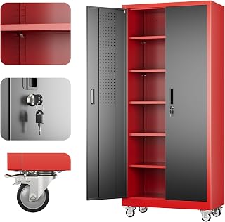 Aobabo Upgrade 71H''*32''W*16''D Metal Garage Storage Cabinet with Wheels and Pegboards, 5 Adjustable Shelves Steel Storage Cabinets for Home,Warehouse,Garage,Assembly Required,Black Red