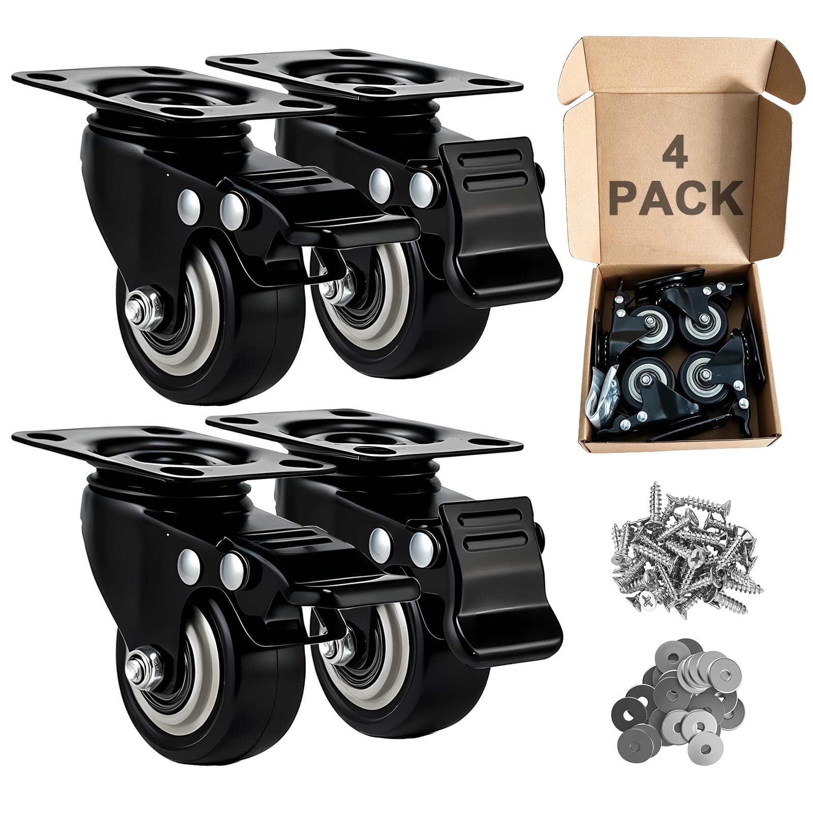 Htudcue 2 Inch Heavy Duty Caster Wheels Set of 4, Locking PU Casters with Brake,
