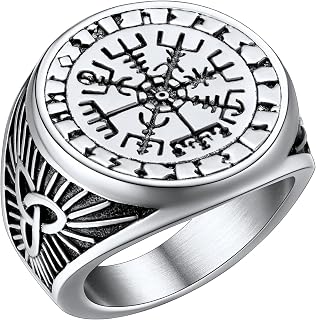 FaithHeart Viking Compass Rings for Men, Norse Runes Vegvisir Sighet Ring Stainless Steel/Gold/Black, Men's Chunky Ring Size O-Z+3 Can Personalise