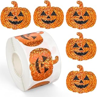 500Pcs Halloween Pumpkin Stickers Roll 1.2in Laser Smiling Pumpkin Shape Waterproof Decals Orange Sparkly Self-Adhesive Stickers Halloween Party Envelope Scrapbook Decorations