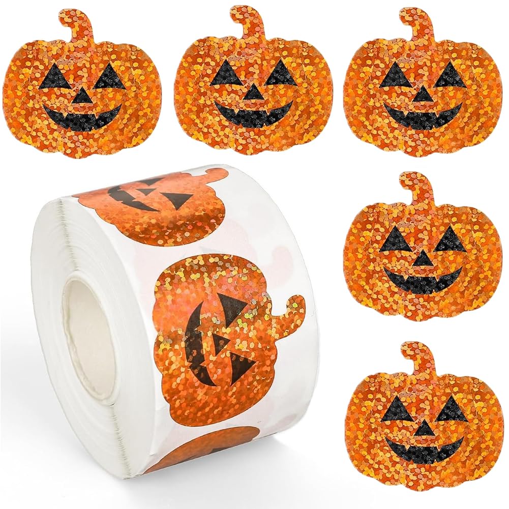 500Pcs Halloween Pumpkin Stickers Roll 1.2in Laser Smiling Pumpkin Shape Waterpr