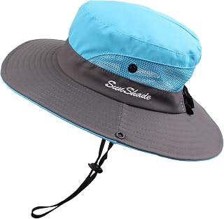 PESAAT Women Men Fishing Hat Summer Sun Hats for Women UV Protection Wide Brim Bucket Hats with Ponytail-Hole